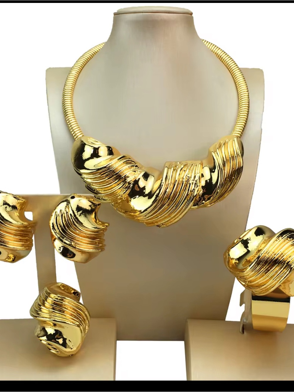 Gold Statement Necklace and Earring Set - Women Jewelry - Picture 1 of 7